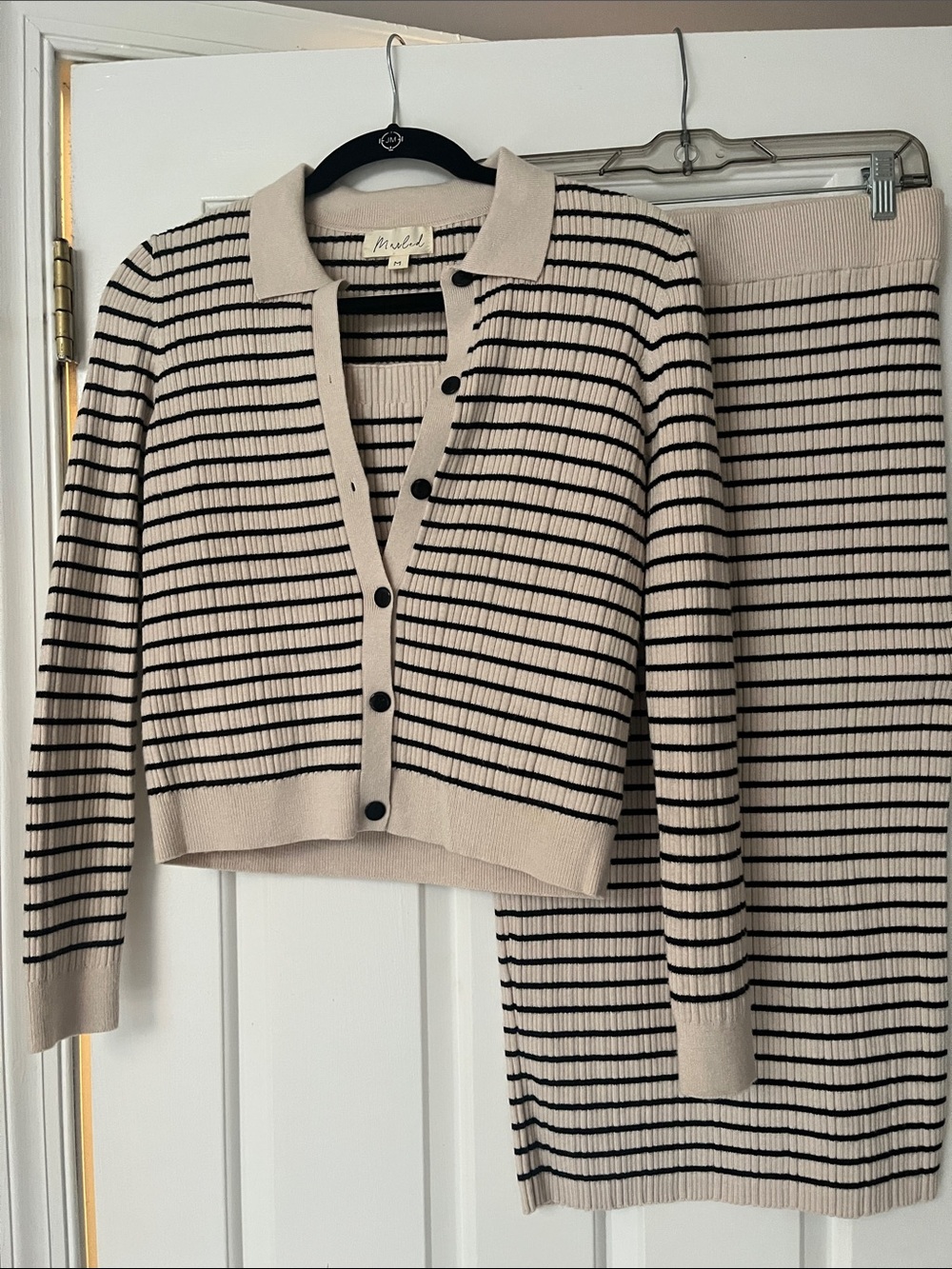 Marled Cream and Black Striped Ribbed Cardigan & Skirt Set HD